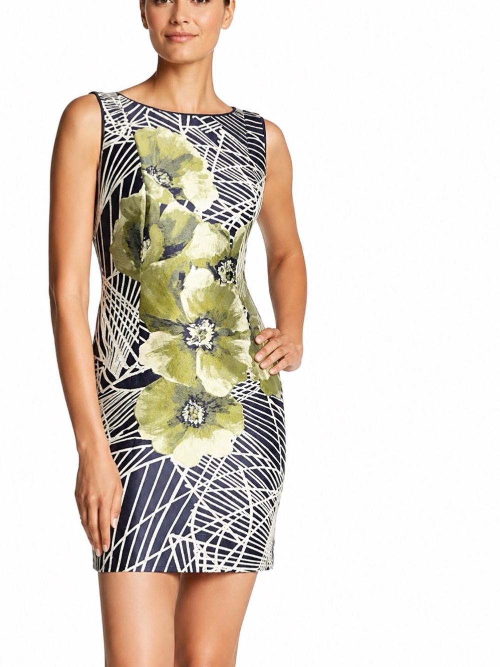 Lafayette 148 Floral Abstract Sheath Dress Navy Green Size 12